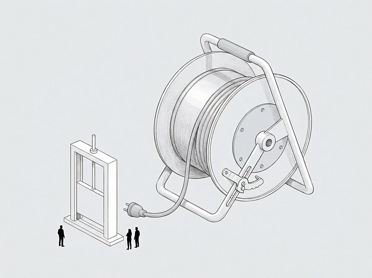 The drawing shows an imposing regulation apparatus, a large cable reel providing operational power, and two small figures witnessing the mechanism's implied function.