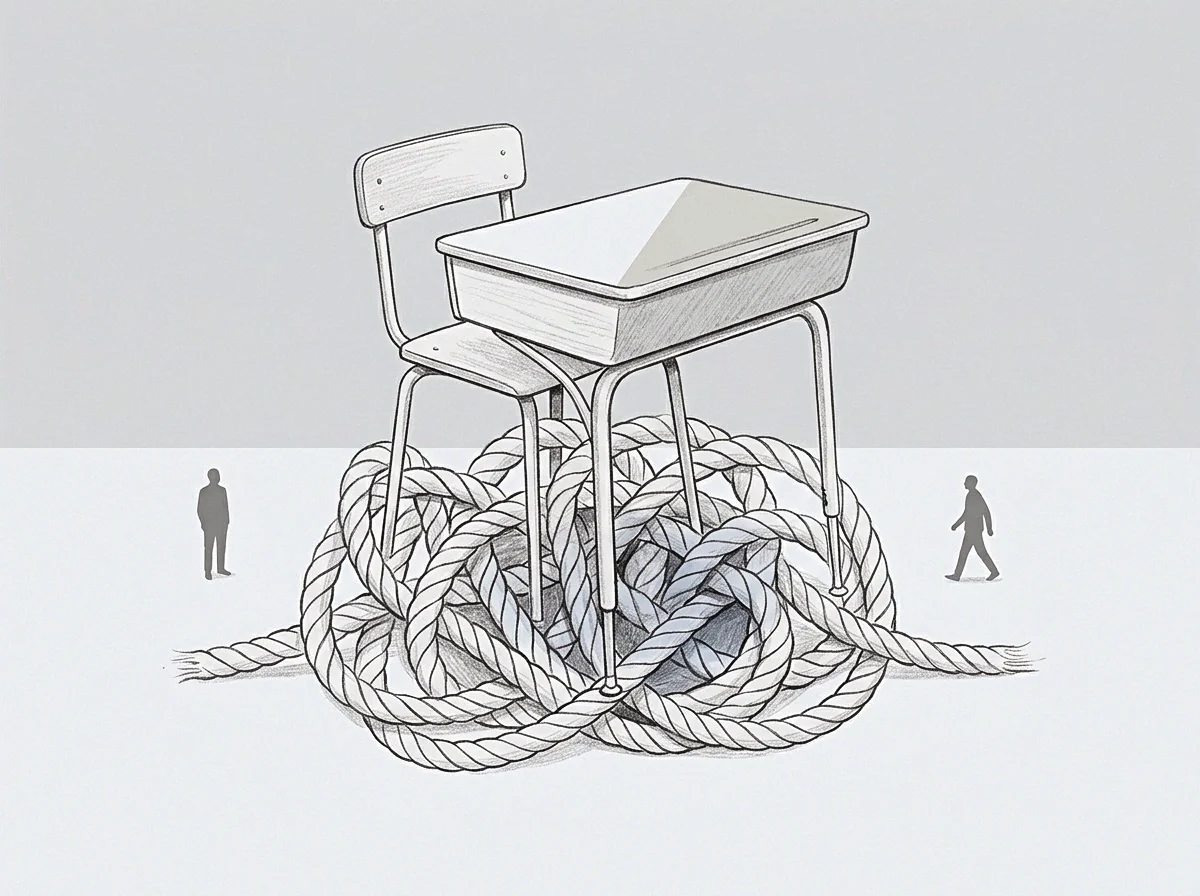 The drawing presents a school desk and chair ensnared within a substantial intricate knot of rope, with two small figures observing from either side.