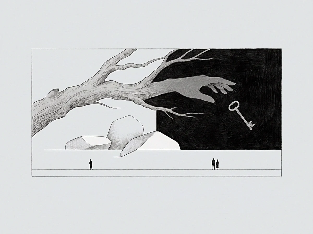 Three geometric stones rest beneath a branching structure extending toward a floating key while tiny figures observe the partition.
