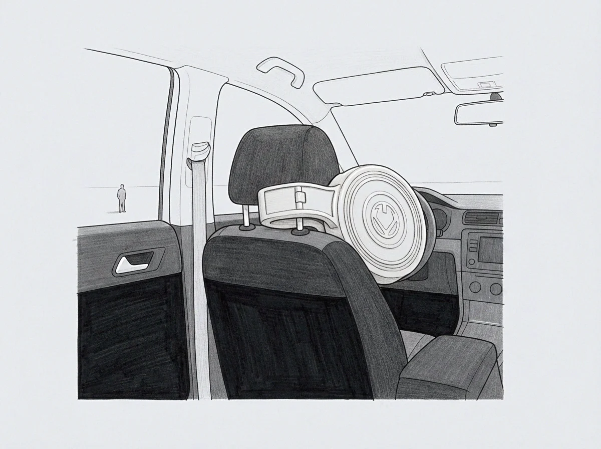 Oversized headset mounted on a vehicle headrest overlooks a solitary figure standing on a distant horizon.