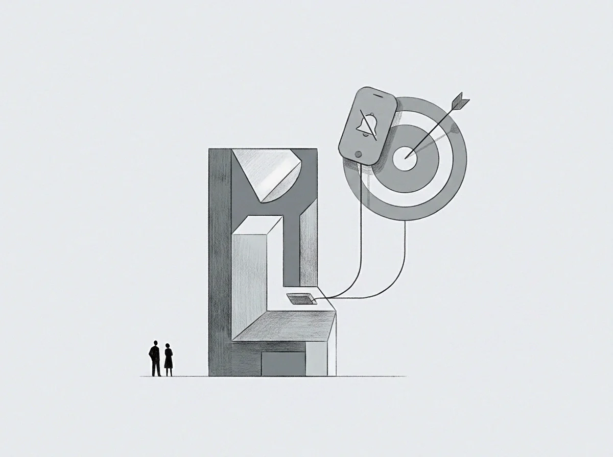 Two small figures observe a large geometric structure connected to a target with a muted smartphone, symbolizing the active shaping of the company record.