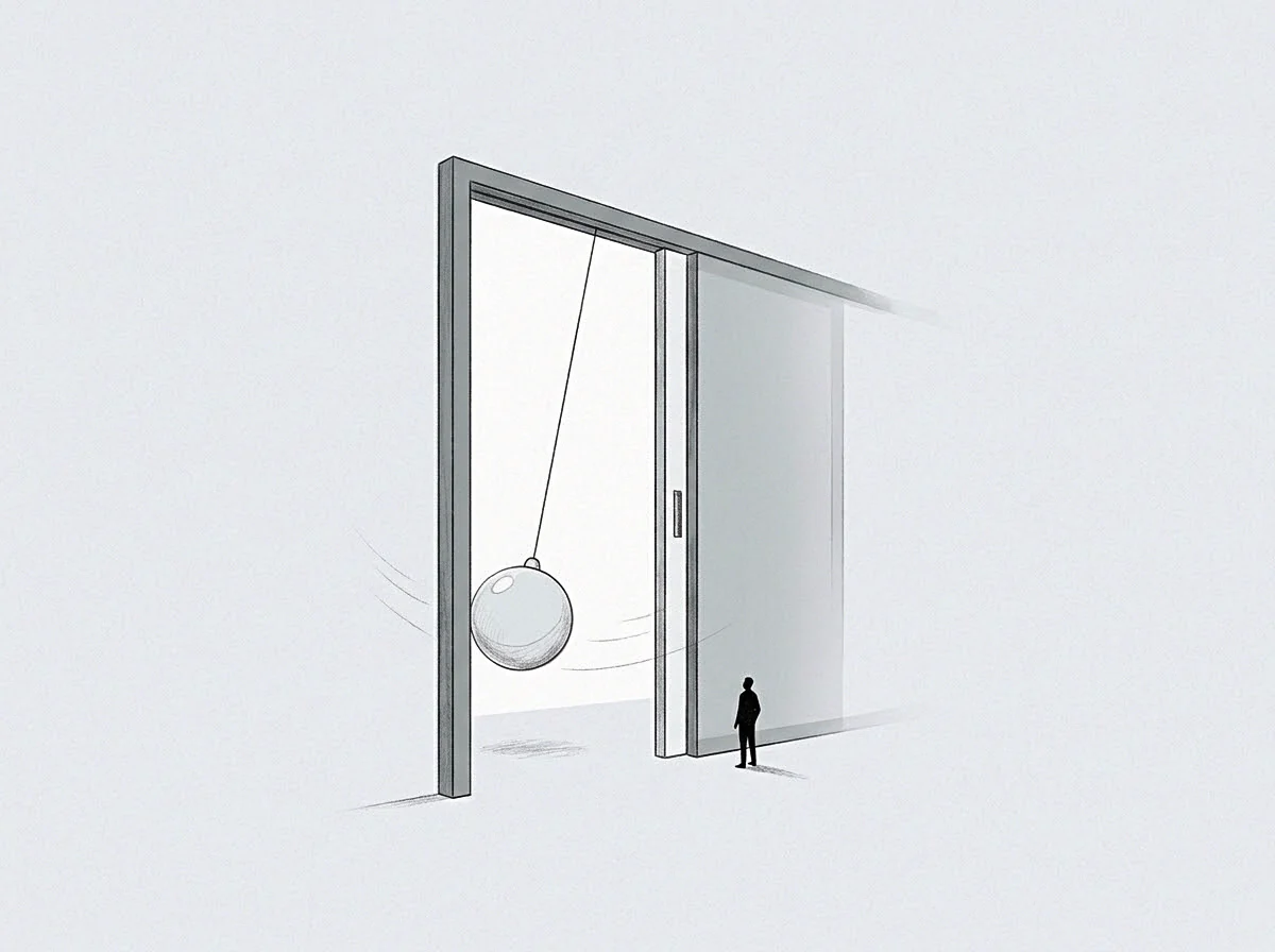 Rendered in graphite pencil, this drawing features a tiny human figure standing near a massive swinging pendulum suspended inside a towering doorway.