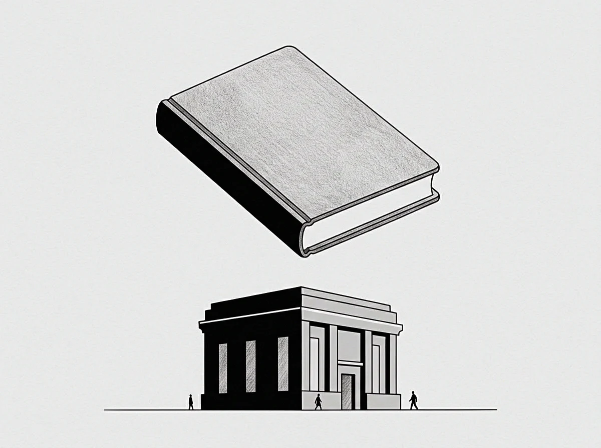 The drawing displays a thick book representing a new record poised above a formal building, the seat of an enterprise, with small figures as witnesses.