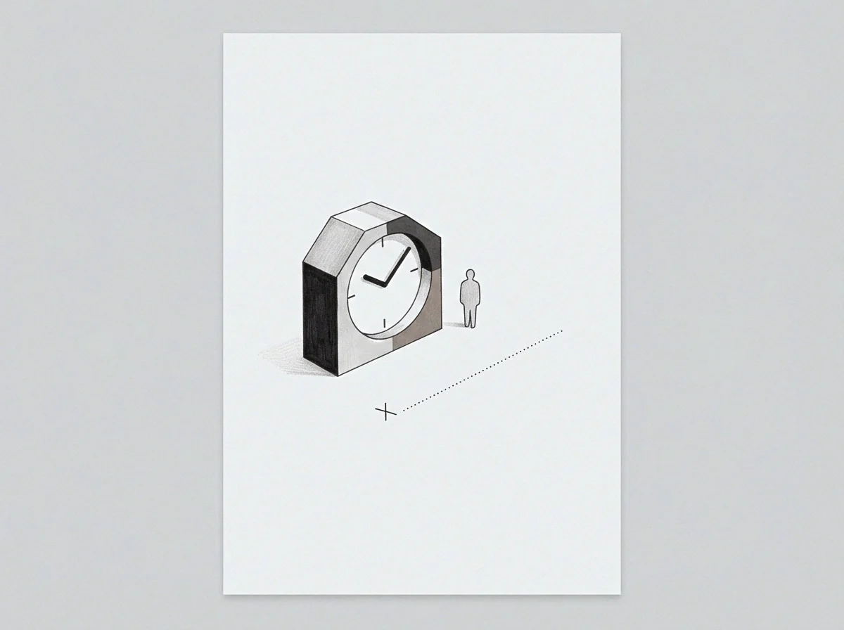 The drawing shows a monumental isometric clock structure, a small human figure, and a dashed line marking a measurement path.