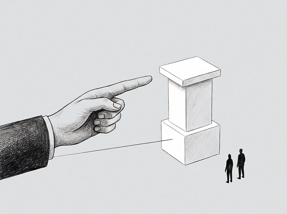 A founder's hand points a directive line toward a structured entity observed by two small figures, signifying a recordable action.