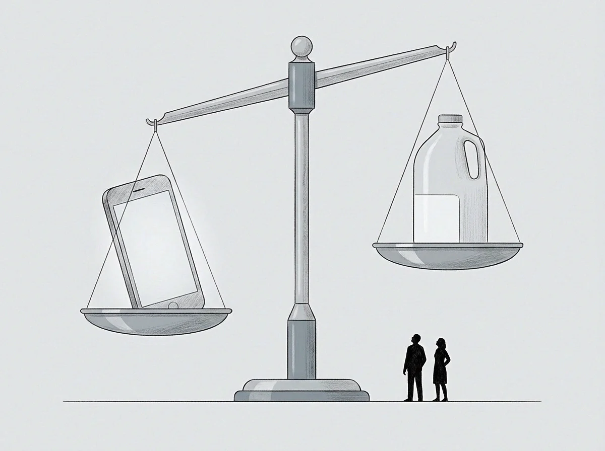 The drawing shows a balance scale with a phone on one pan and a bottle on the other, observed by two figures.