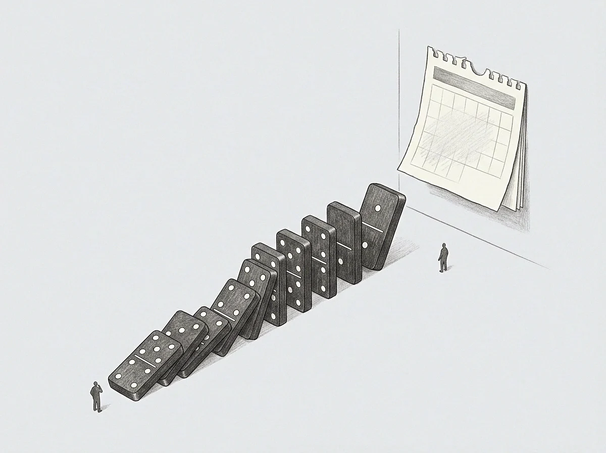 Small figures stand near a chain of falling rectangular blocks directed toward a paper calendar attached to a plain wall surface.