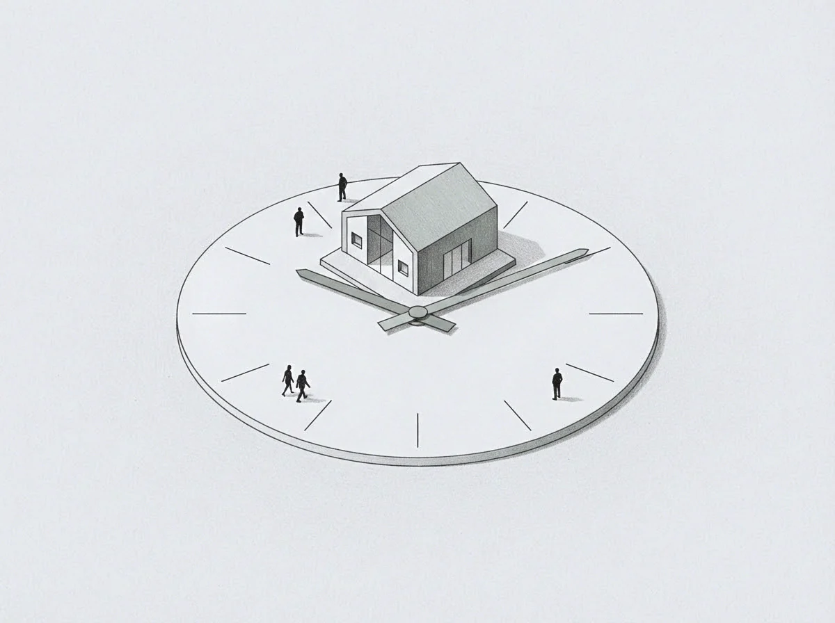 Graphite lines in this drawing define a central building resting atop a circular clock face surrounded by miniature figures walking along the perimeter path.