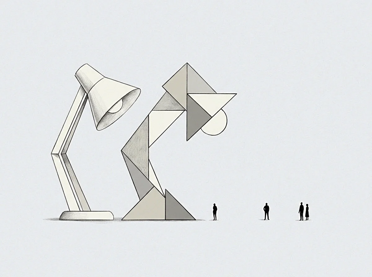 The illustration presents a conventional desk lamp and a fragmented geometric construction of another lamp, surveyed by three small figures.