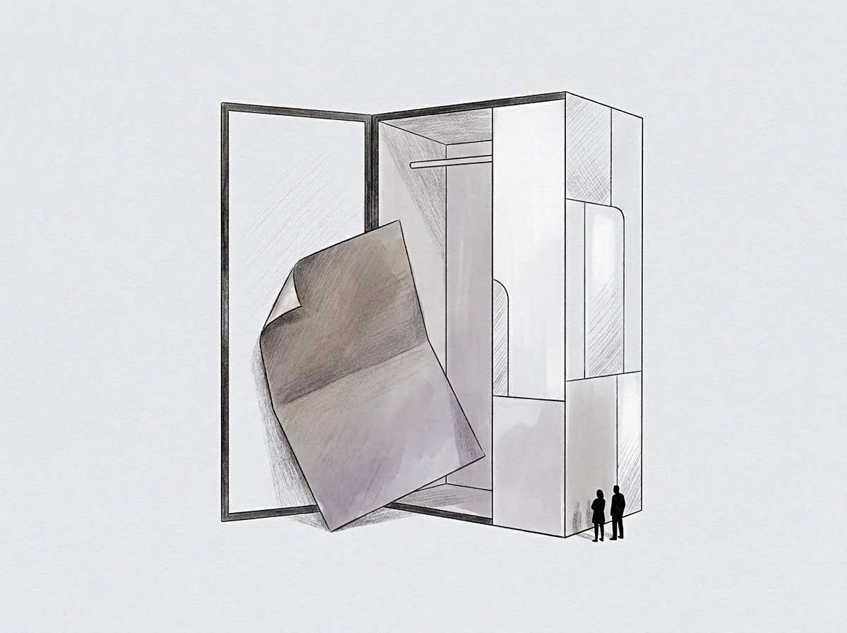 A pencil drawing includes a massive storage cabinet standing open next to a large sheet of paper and two small figures.