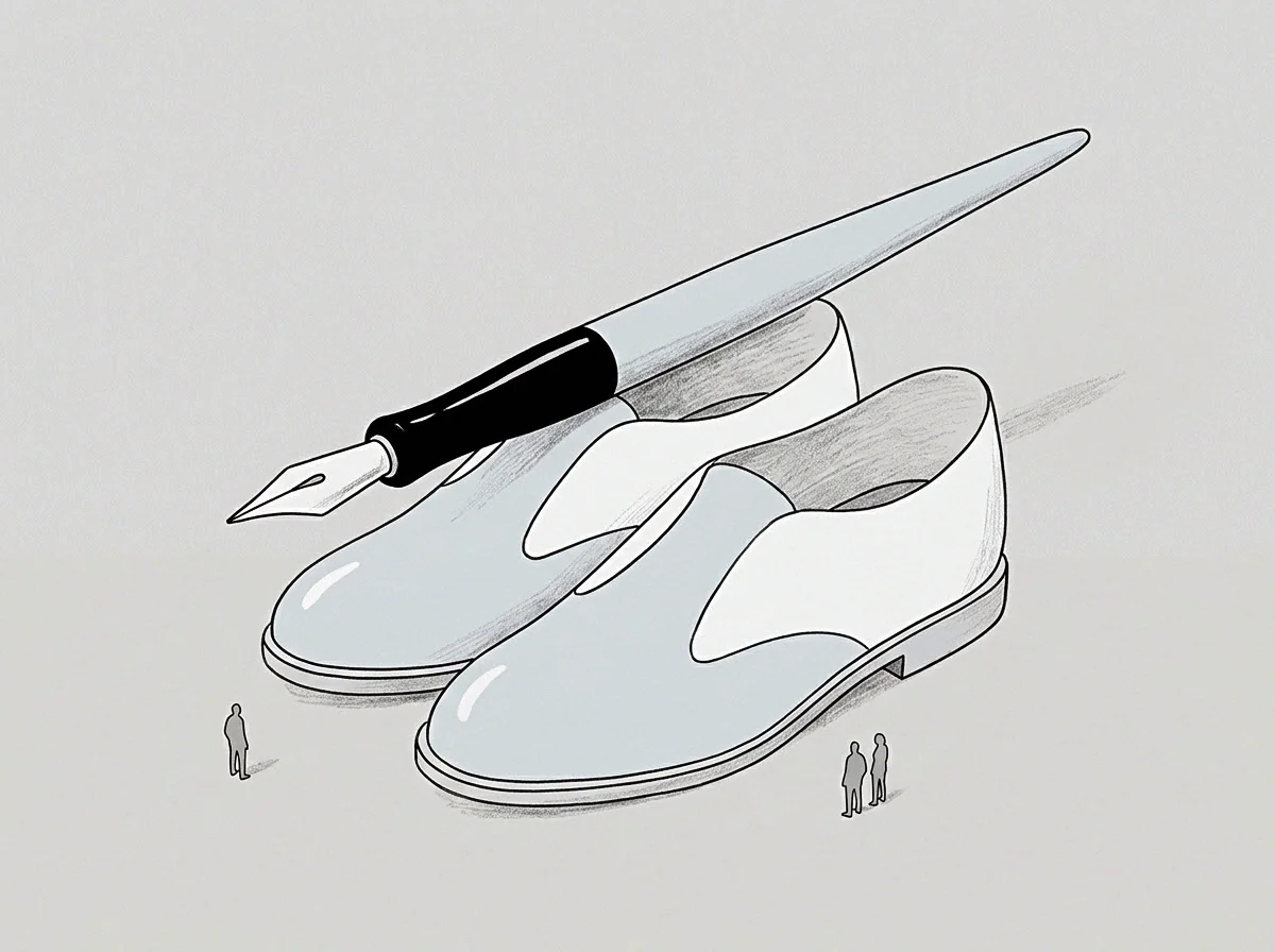 Tiny figures witness oversized footwear carrying a massive fountain pen in a graphite drawing documenting post founding regulation and record.