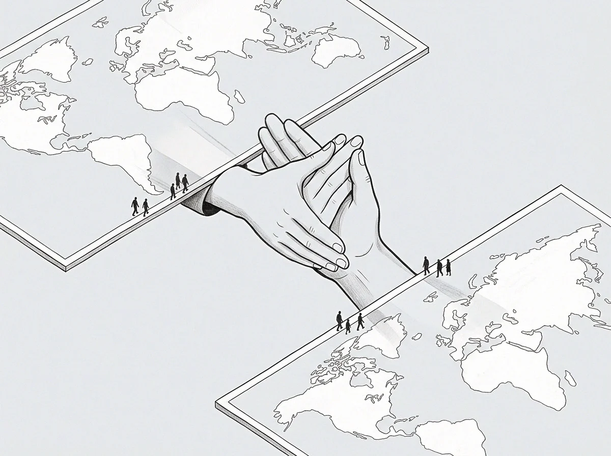 The drawing shows intertwined hands bridging two world maps at the edges where small figures traverse the depicted lands.