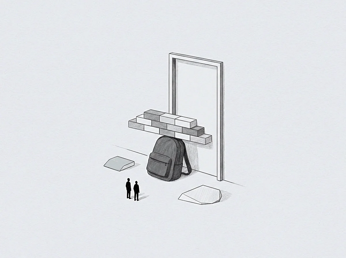 A graphite drawing frames a heavy backpack bearing stacked masonry blocks to obstruct a tall doorway while tiny figures observe below.