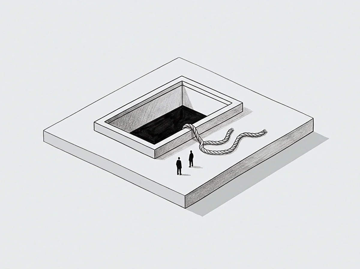 Two graphite figures stand beside a rectangular perimeter enclosing a darkened archival pit accompanied by a looped retrieval line on the slab.