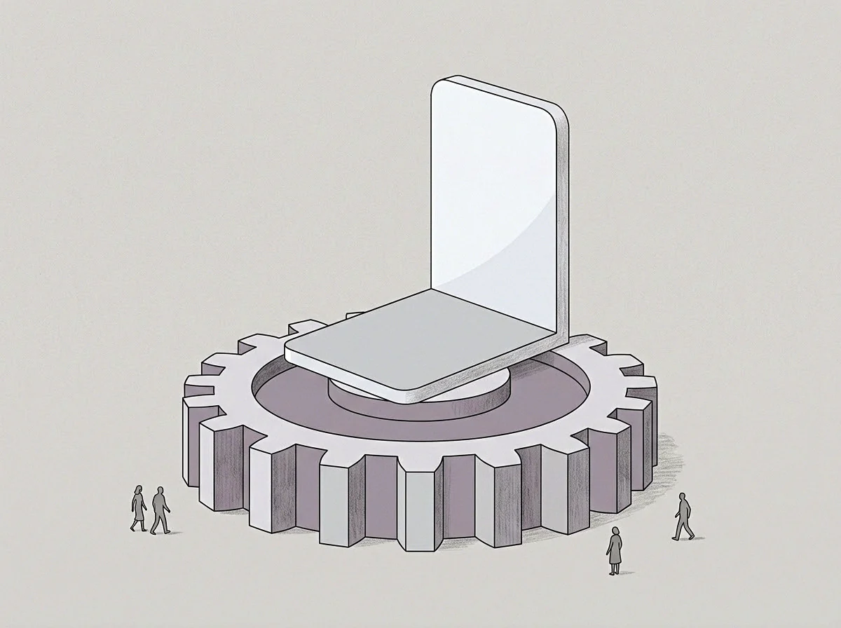 Graphite and pen strokes construct this drawing of a governance seat positioned above a regulatory gear alongside tiny scale figures.