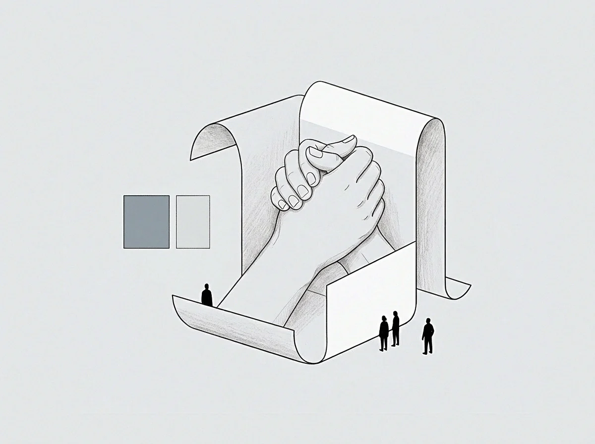 Graphite drawing shows two clasped hands inside a large rolled record structure flanked by small human figures for scale.