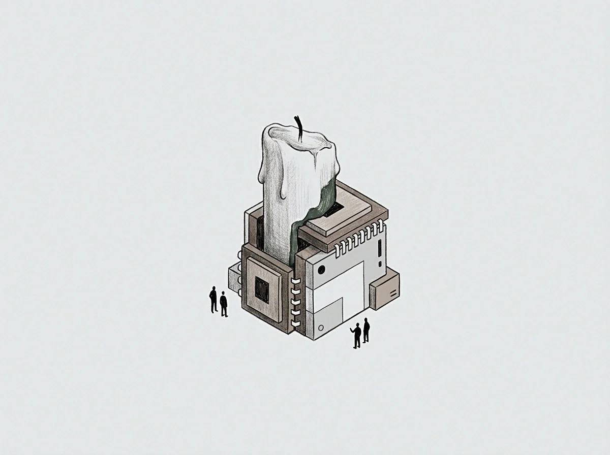 An isometric processor unit pierced by a large melting candle stands beside tiny figures on a grey plane.