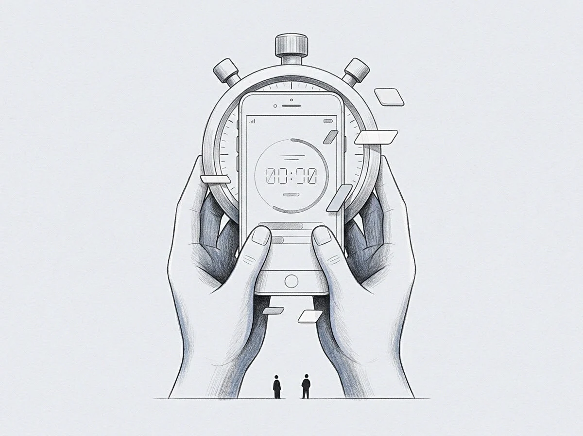 Large hands support a smartphone within a graphite drawing that features a stopwatch frame while two tiny human silhouettes stand at the base.