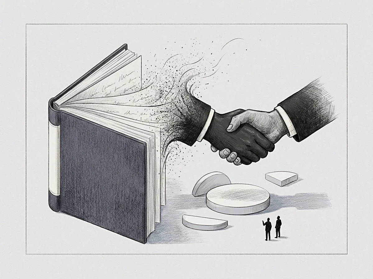A hand emerges from the pages of an open book to clasp another hand as tiny figures observe geometric measurement shapes on the ground.