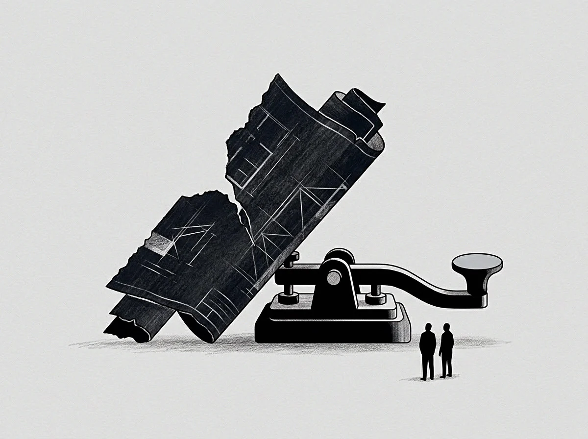 Two tiny figures stand near a mechanical lever press that anchors a massive torn corporate record document on a grey ground.