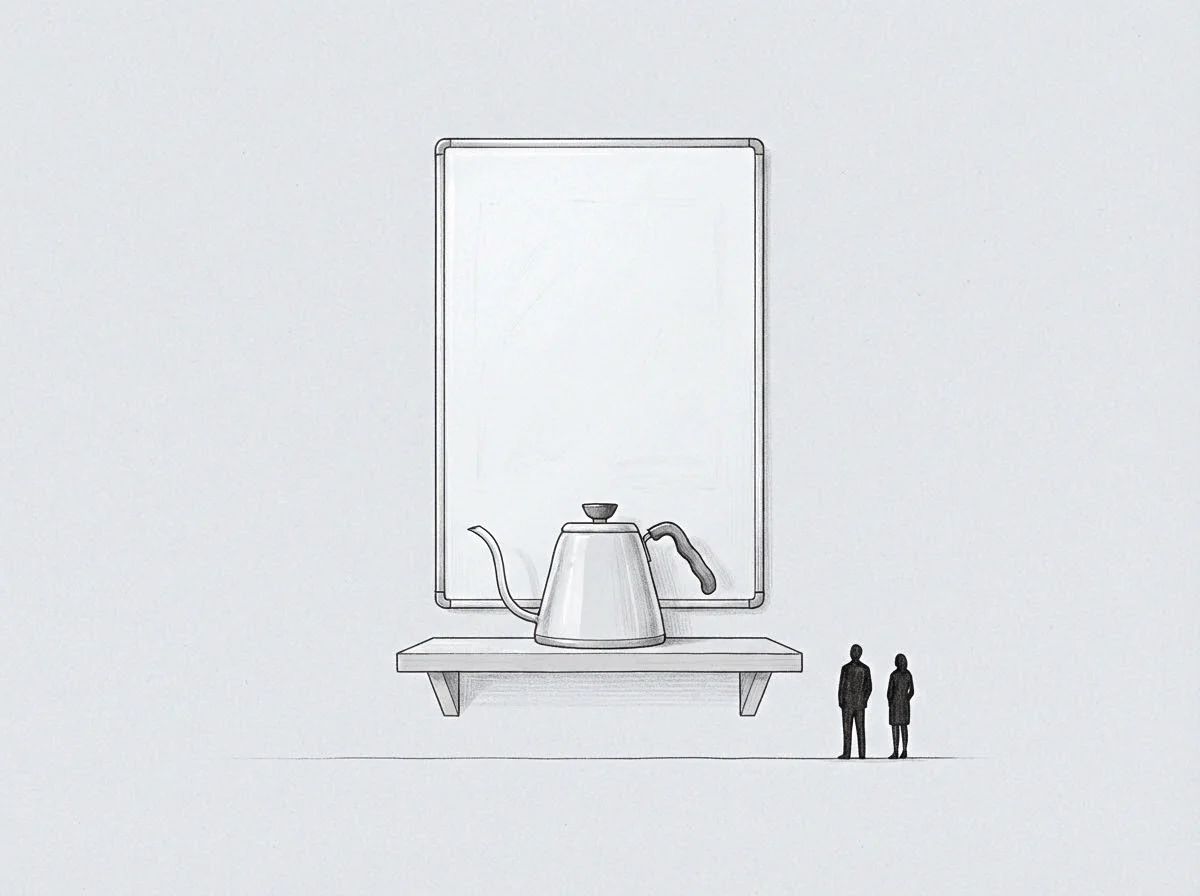 A gooseneck kettle rests upon a suspended shelf located directly before an empty rectangular whiteboard with two small figures standing to the right side.
