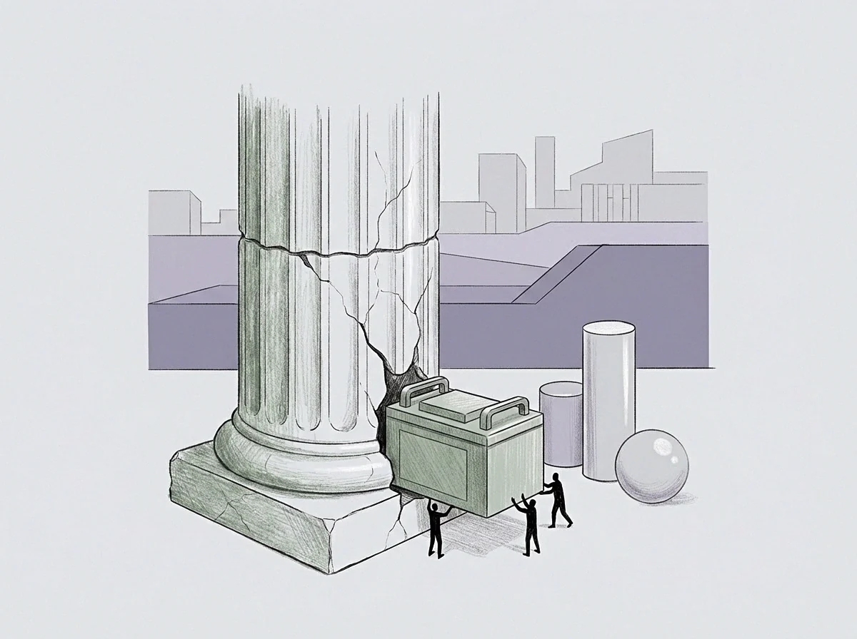 Three small figures maneuver a heavy rectangular block beneath the cracked base of a stone column in this graphite drawing set against a city skyline.