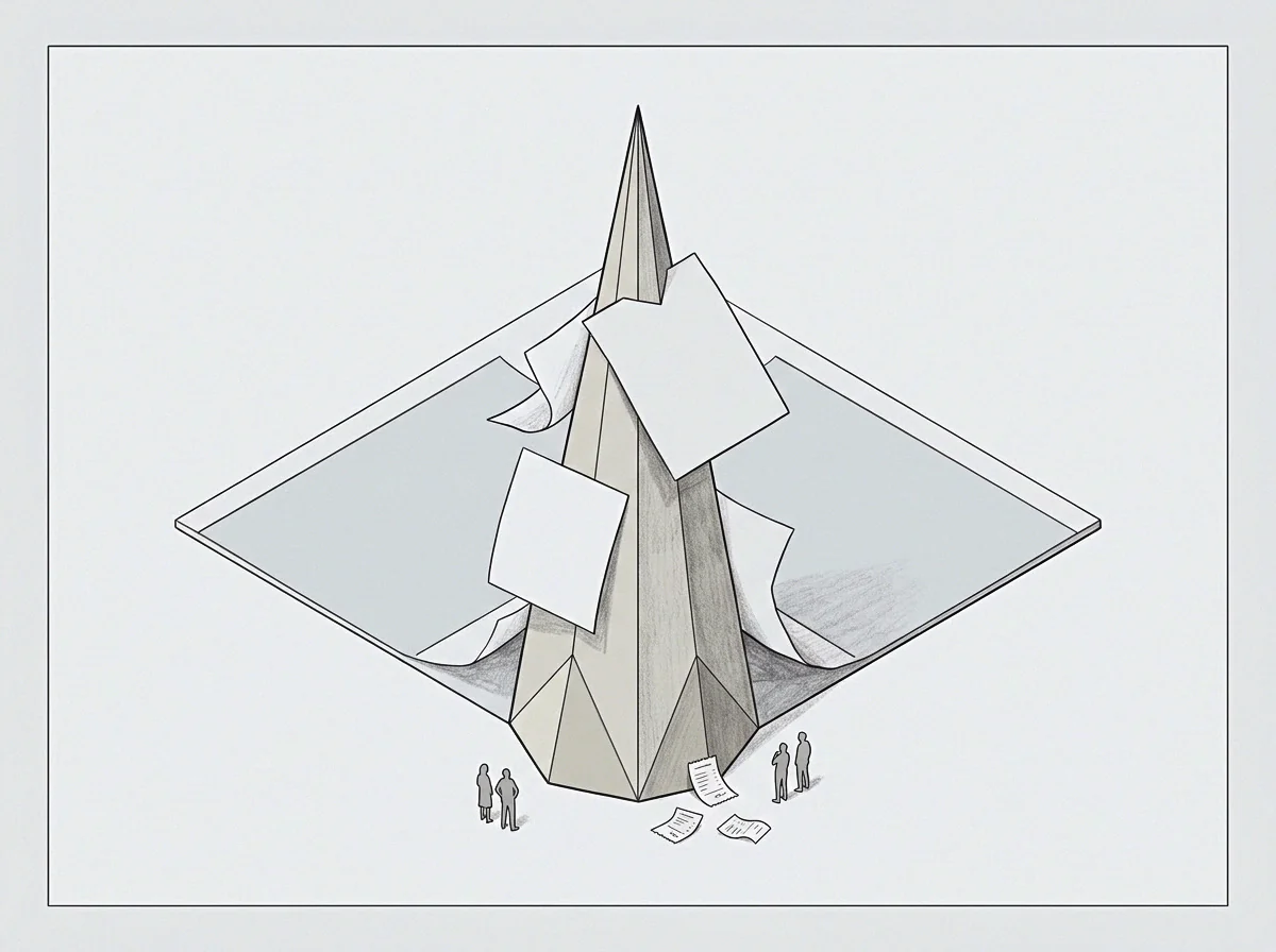 A tall polygonal structure pierces a planar surface surrounded by small human figures and loose documents during post founding record keeping.