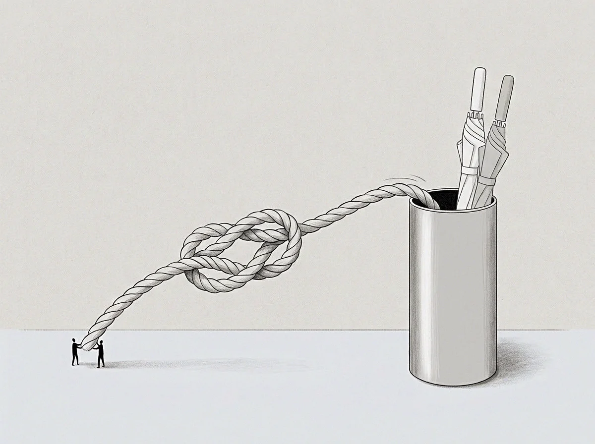 Two figures hold the end of a rope featuring a tight knot while the other end feeds into a cylinder containing two closed umbrellas.