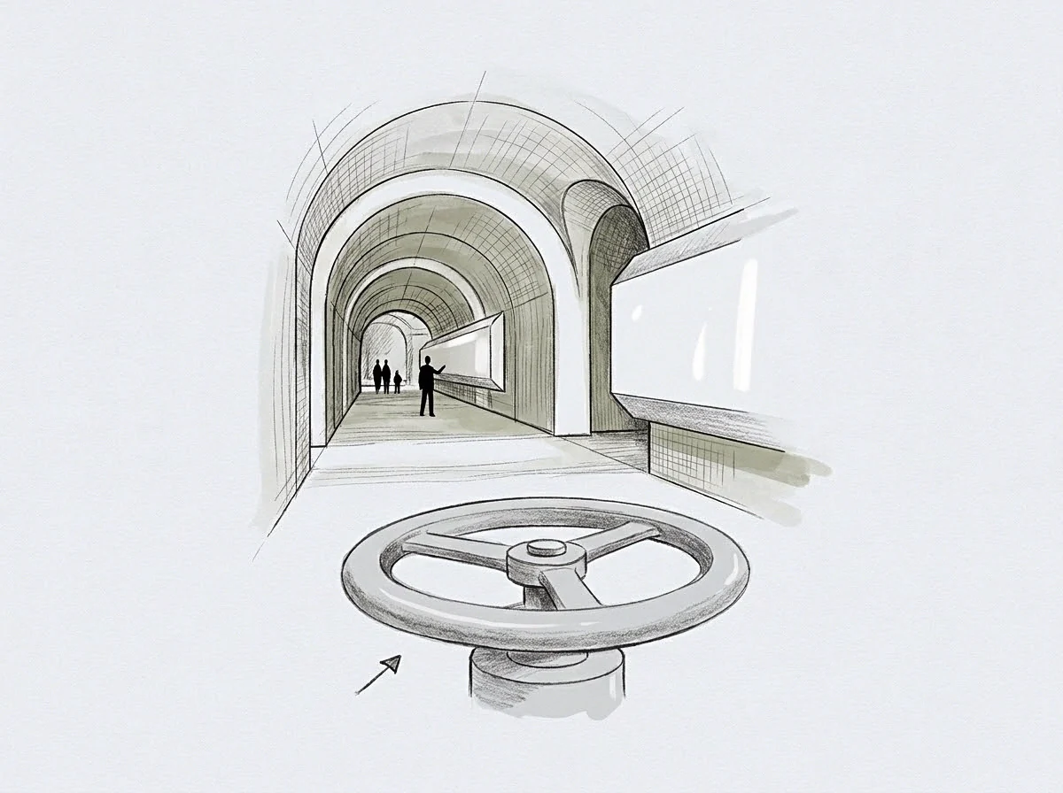 A manual control valve in the foreground sits before a vaulted tunnel containing multiple figures and large blank information displays.