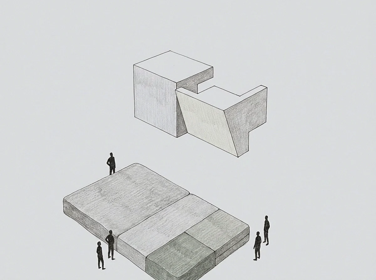 The drawing presents geometric structures and minimal figures observing their spatial arrangement and relative scale.