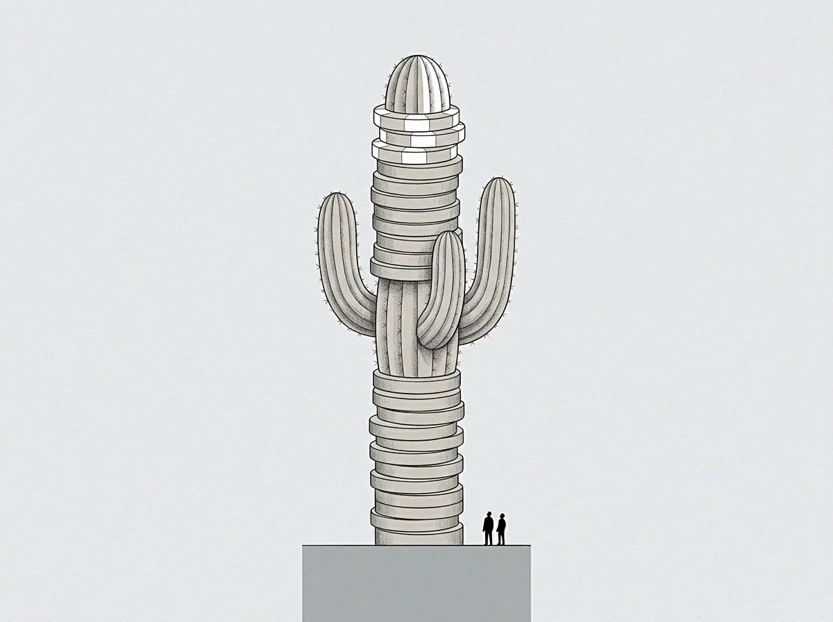 Two small figures stand before the vertical construct in this drawing, fashioned from stacked uniform discs into the bifurcated silhouette of a prickly plant.