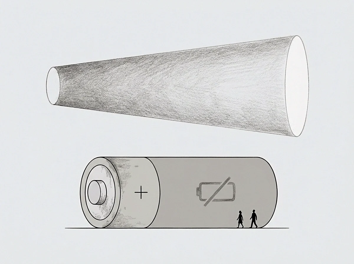 Two human figures walk past a large battery marked with a depletion symbol while an open funnel sits above in this graphite drawing.
