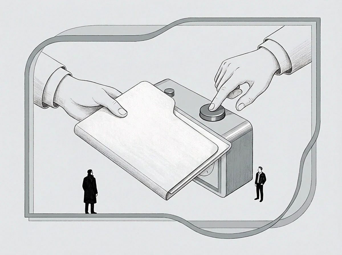 Two oversized hands manipulate a mechanical measurement device and file case above two tiny figures standing on a grey ground line.