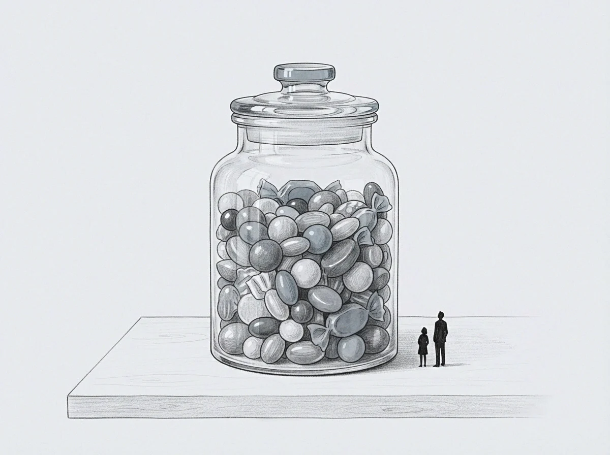 Two tiny human silhouettes stand beside a massive glass container holding accumulated inventory on a flat wooden surface.