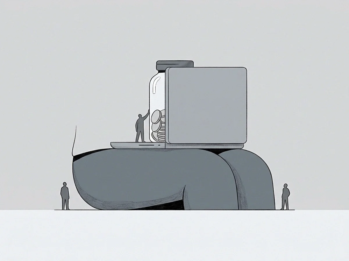 Small figures stand near giant legs supporting an open computer surface where a glass container filled with metal coins rests under observation.