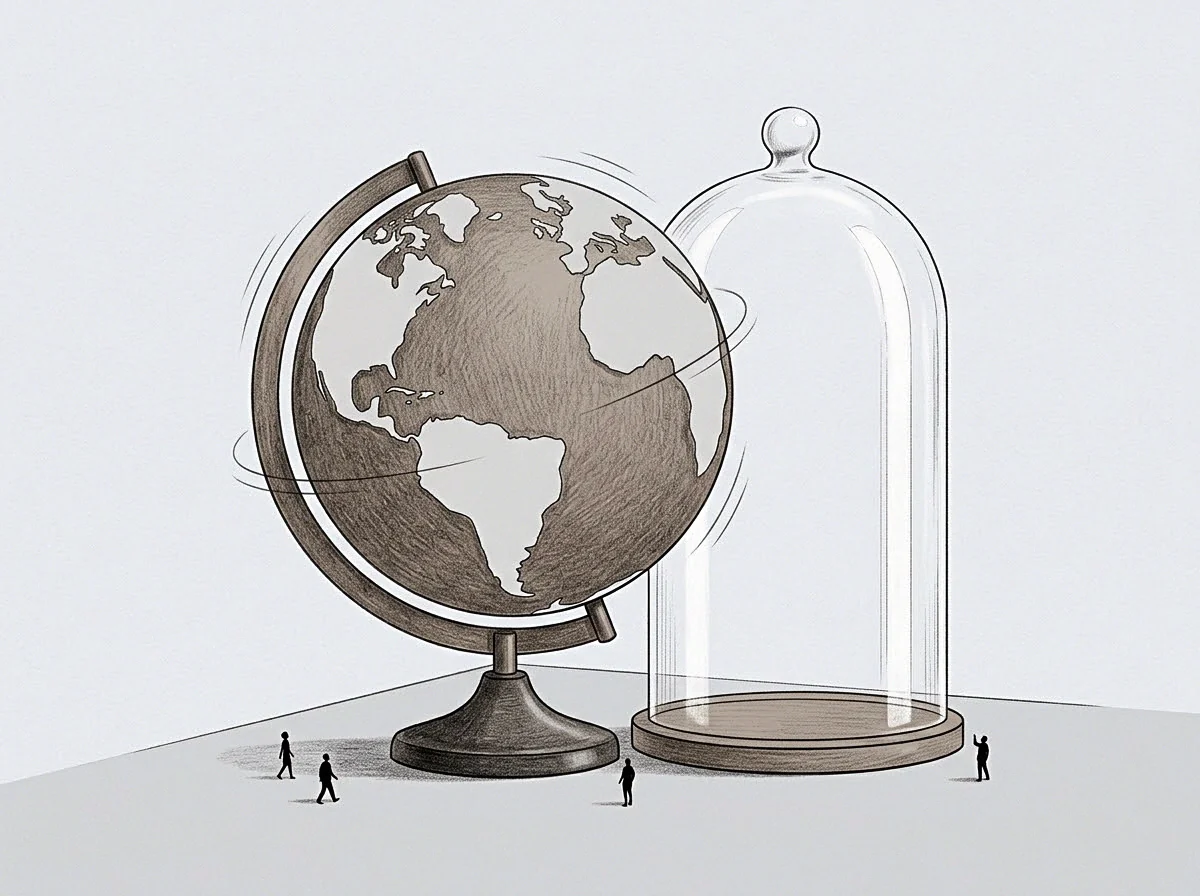 A large spinning globe and an empty glass bell jar populate this graphite drawing where tiny figures navigate the flat plane.
