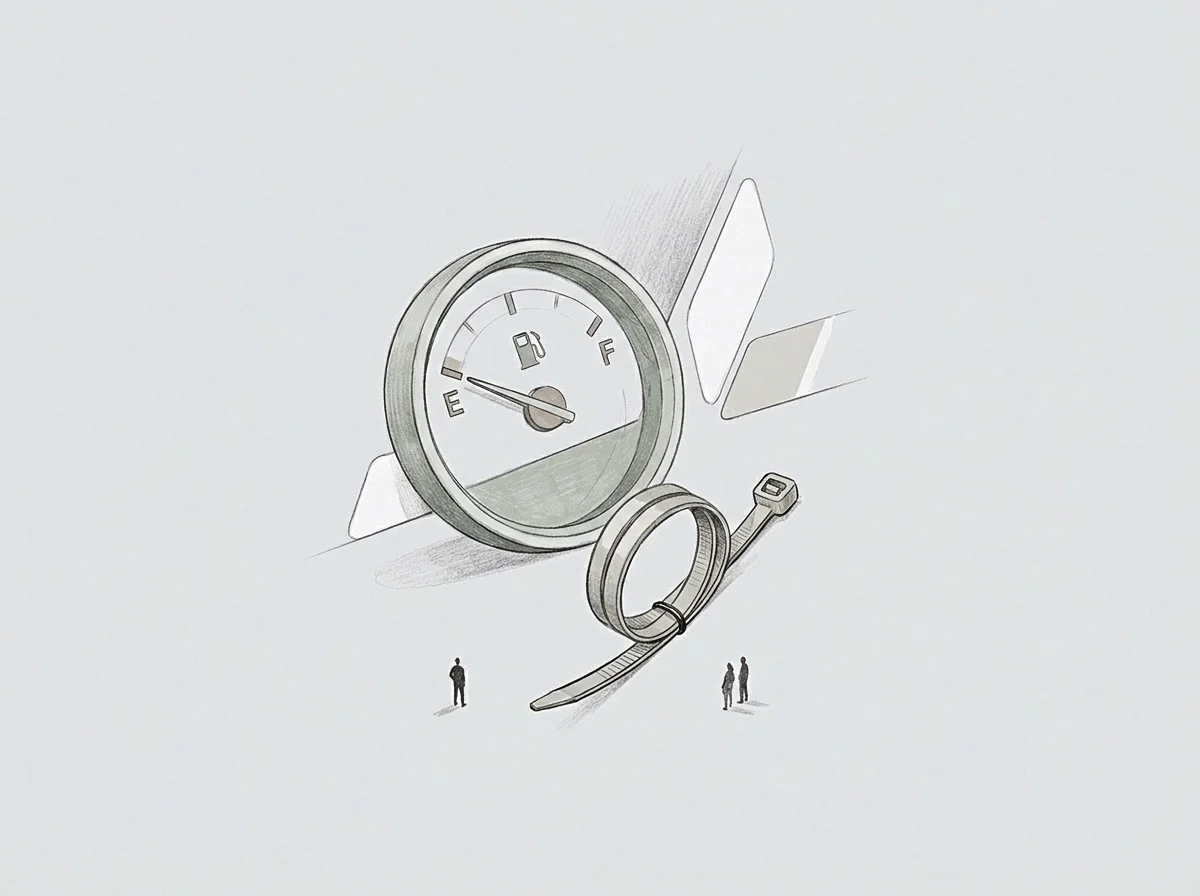 A large fuel gauge indicating low reserves stands beside a coiled plastic fastener in a pencil drawing with three small figures.