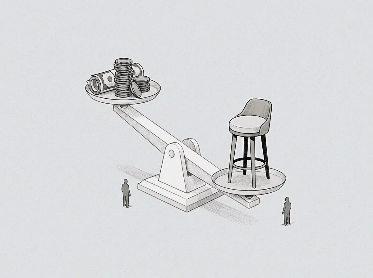 Two small figures stand beside a mechanical scale weighing currency stacks against a raised governance seat.