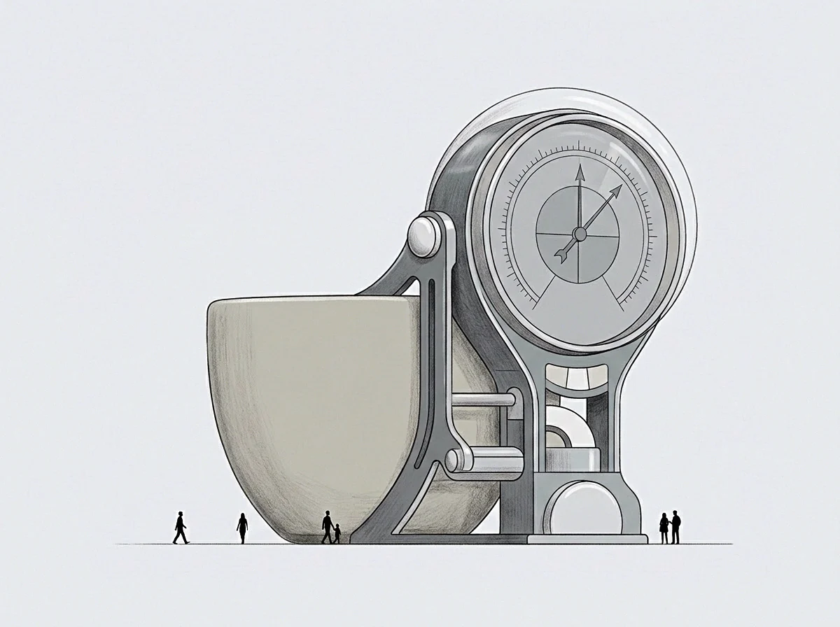 Tiny figures stand beside a massive industrial vessel linked directly to a tall calibrated measurement dial under graphite shading.