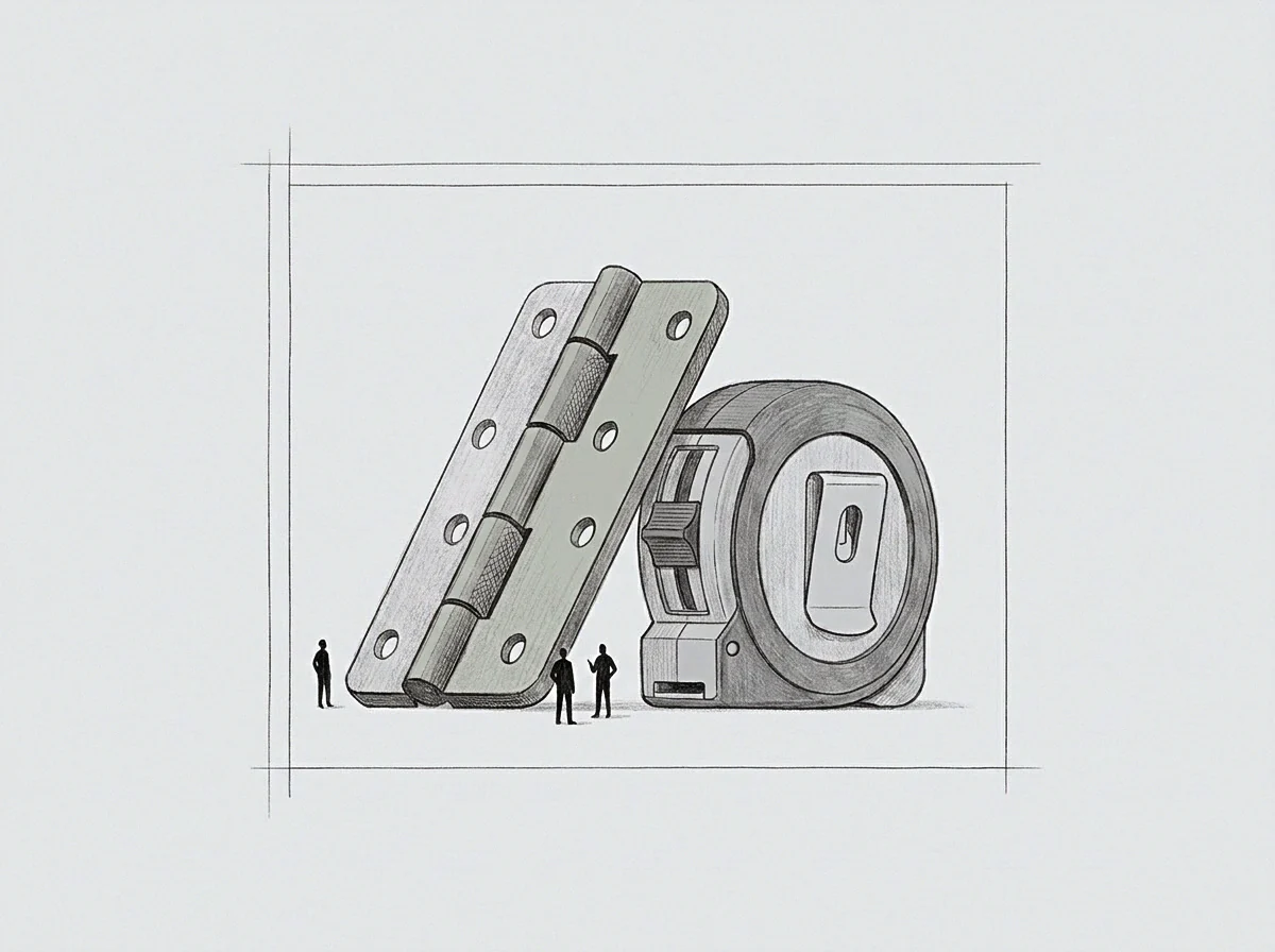 A drawing shows a large hinge and tape measure with small figures providing scale for measurement and operational regulation.