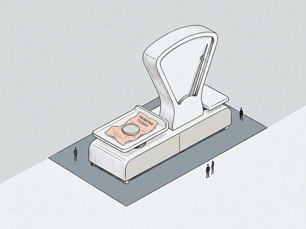 Tiny figures surround a precision scale in this drawing where a coin rests upon a parking ticket to assess the weight of administrative compliance.