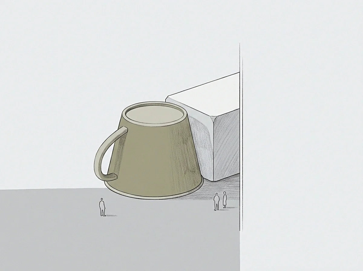 Three tiny human figures stand before a monolithic cup and a geometric block on a vast empty surface.
