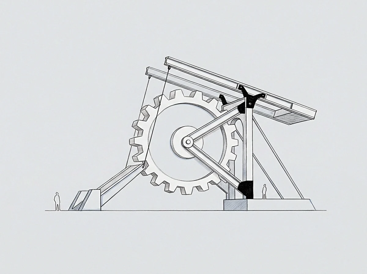 Large iron cogs mesh within a steel frame supported by rigid beams while small figures stand on the ground for scale near the mechanism.