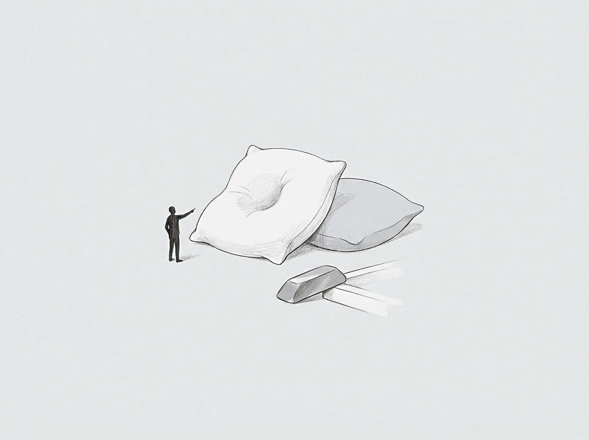 A small figure witnesses enormous cushions and a gold bar on a track, indicating the scale of founder exchange and measurement.