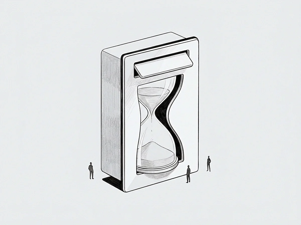 An hourglass rests within a central vertical opening of a block structure while small figures stand near the base of the flat grey wall.
