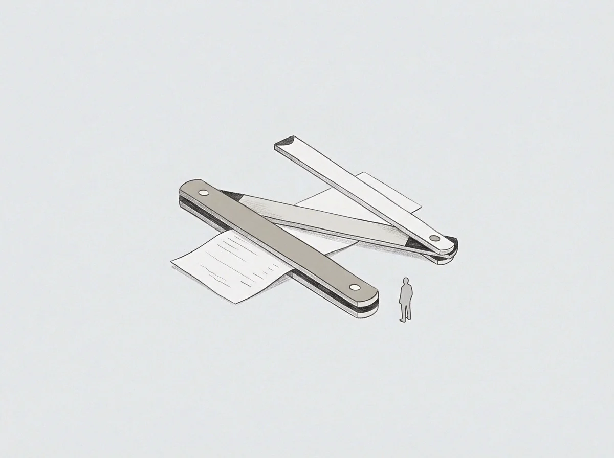 Graphite pencil lines define a folding rule resting across a paper sheet beside a diminutive figure denoting scale.