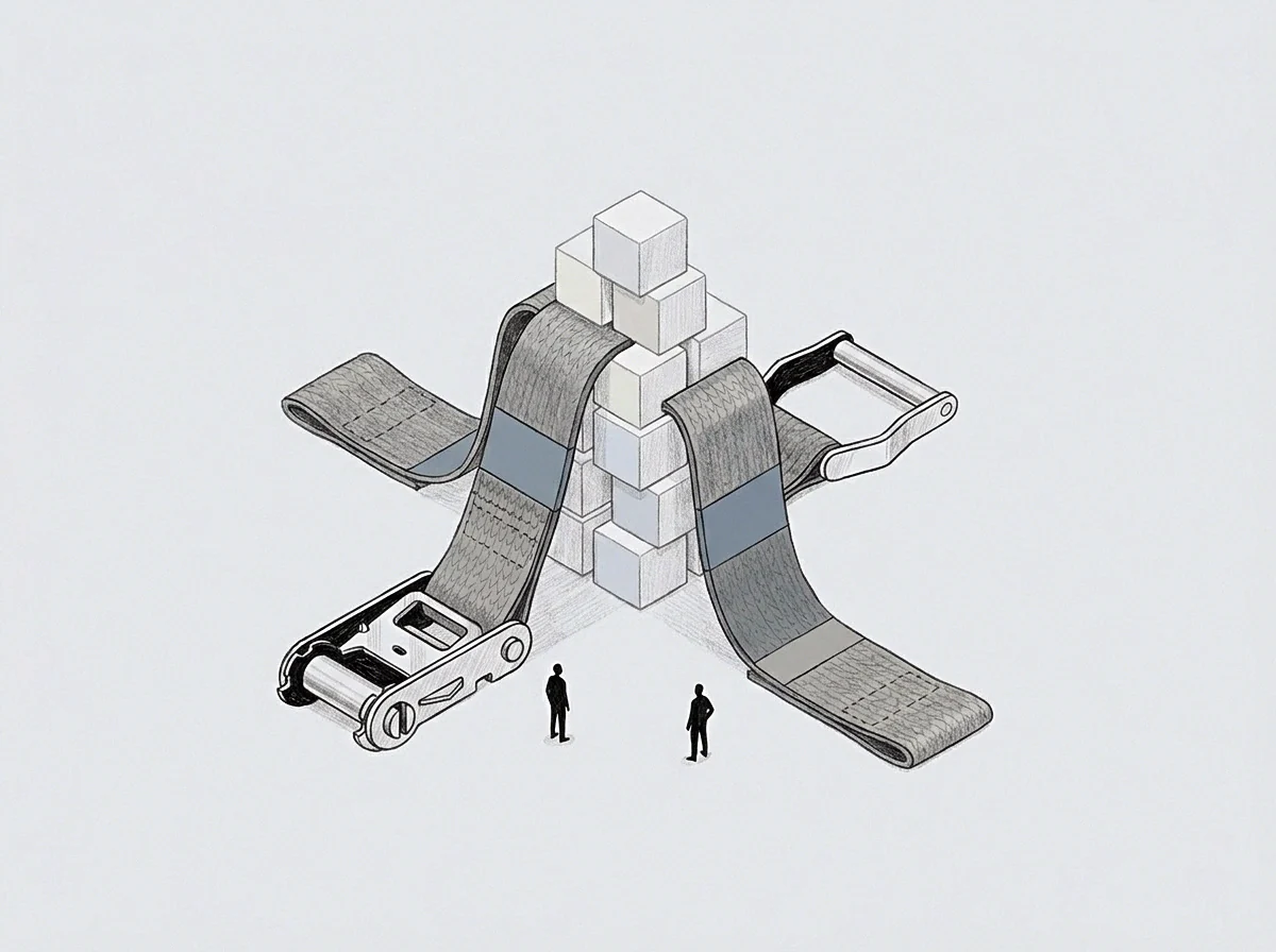 Two tension straps squeeze a central stack of white blocks while two figures observe the arrangement from the base.