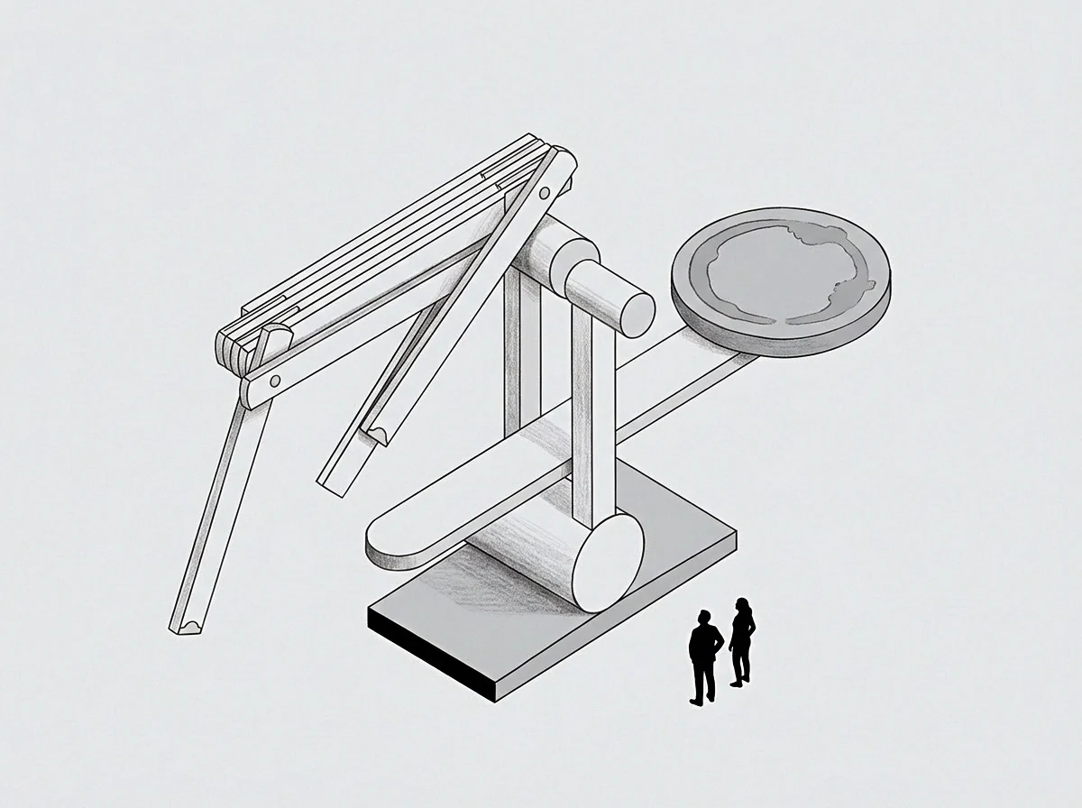 Two figures observe a large mechanical structure featuring a circular platform poised above a central post as if calculating a new balance.