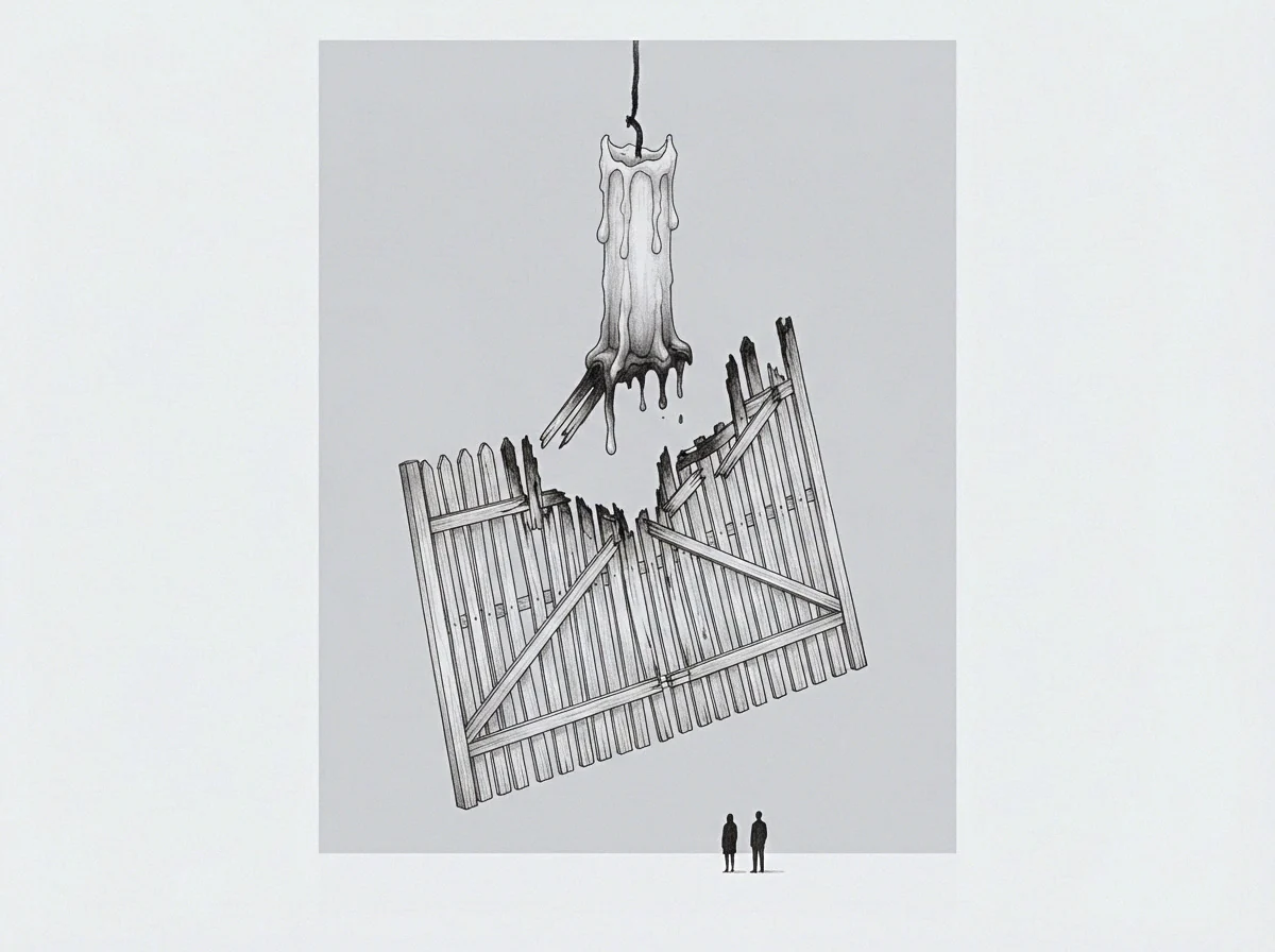 Two figures stand beneath a burning candle suspended by a thread over a wooden gate broken apart into jagged sections within the graphite drawing.