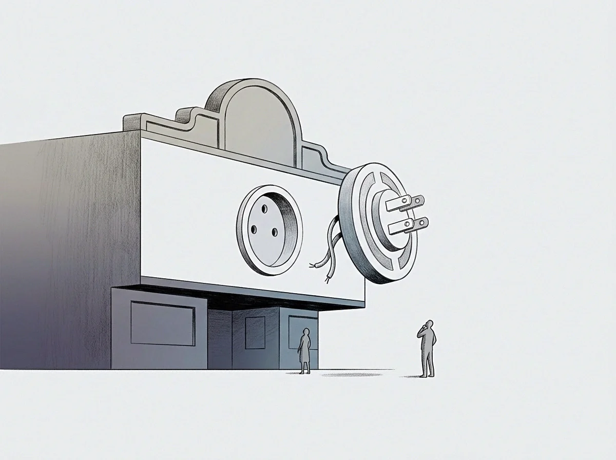 A drawing shows a large building with a round socket on its front wall and a mismatched plug suspended nearby, observed by two small figures.